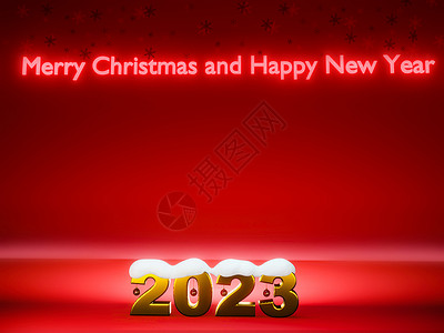兔年小年海报2023年新年快乐 金色号码2023 在红色背景和雪3D翻滚金子渲染假期卡片兔年问候语新年动物插图艺术背景