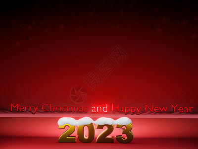 2023年新年快乐 金色号码2023 在红色背景和雪3D翻滚季节贺卡卡片新年派对金子海报问候语兔年横幅背景图片