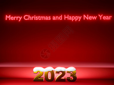 兔年小年海报2023年新年快乐 金色号码2023 在红色背景和雪3D翻滚兔年动物火花贺卡问候语横幅渲染季节文化3d背景
