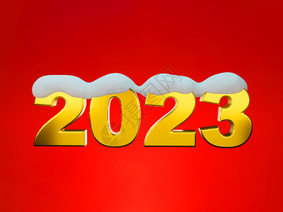 兔年小年海报新年快乐 2023年 金色号码2023 在红色背景的3D雪层上背景