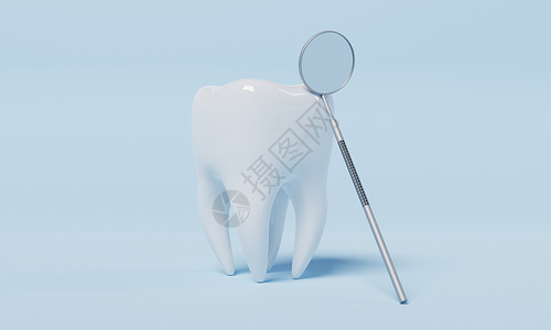 蓝底有牙牙眼镜的牙齿检查镜 牙科和保健概念 3D图例说明卫生美白医学矫正蓝色外科诊所喷砂牙膏口服背景图片