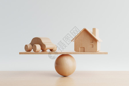 房子主题素材房屋和汽车硬币 在木制背景上平衡权重比例 金融和运输生产概念 贷款和房地产主题 3D插图说明;6-10背景