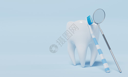 喷砂蓝底有牙牙眼镜的牙齿检查镜 牙科和保健概念 3D图例说明治疗牙膏外科医生矫正假牙假肢蓝色美白凹痕背景