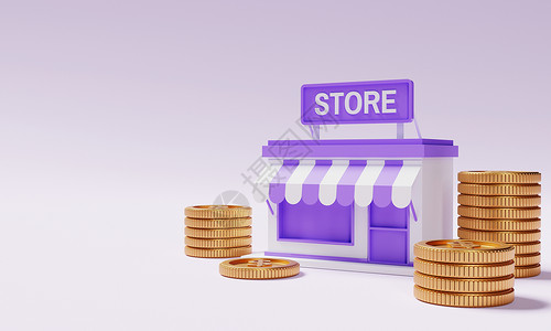 3D店面紫色背景和复制空间上有金币的店面 商业金融和创业理念 3D插画渲染背景