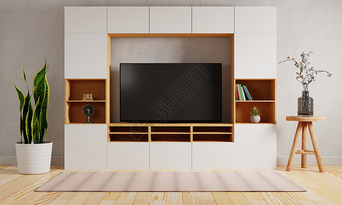 现代电视在现代客厅背景中间的橱柜上播放电视 内务和建筑概念 3D插图说明2D插图地面内阁视频公寓桌子剧院奢华电影房子风格背景