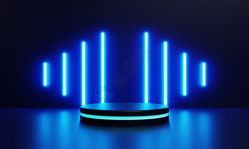 现代产品展示 ci-fi 讲台 有蓝色亮光荧光虹灯背景 技术和物体概念 3D 插图背景图片