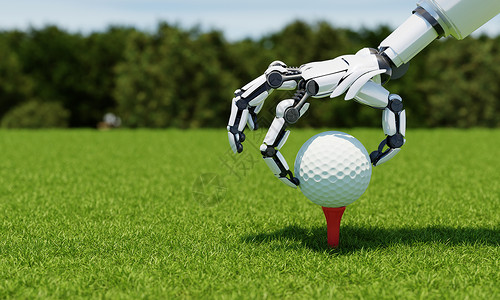 绿色安卓机器人机器人手臂把高尔夫球打在田地上 作为有公平道路绿色背景的球员或球员 体育运动和技术概念背景