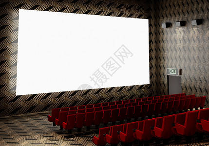 时间排期空白的白色发光电影院屏幕 带有逼真的红色排座椅和空复制空间背景的椅子 电影首映和娱乐概念 3D插画渲染礼堂房间会议体育场音乐会音背景