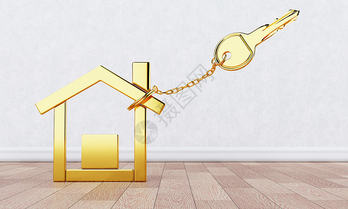 锁插画金钥匙链与金色现代房子形状钥匙扣在木地板和白色墙壁背景上 商业建设和建筑理念 3D插画渲染背景