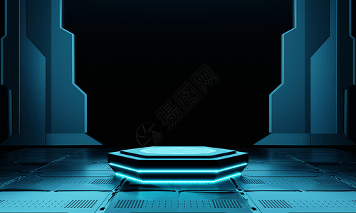 穿梭走廊黑暗飞船中的网络网球蓝空六边形讲台 配有灯光供产品演示之用 技术和Sci-fi概念3D插图背景