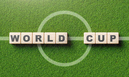 世界杯元素在足球场的木板块立方体上 以中线为中心 运动和比赛概念 3D 插图背景