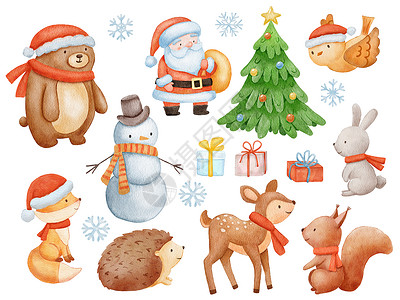 圣诞节智者插图可爱的圣诞老人 鹿 熊和雪人 一套水色圣诞插图在白色上隔离背景