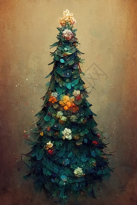 手绘圣诞节装饰圣诞树 数字艺术手画的风格 说明丝带卡片松树花环插图绘画假期贺卡派对手绘背景