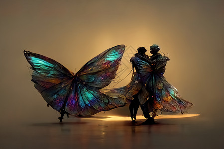 异色蝶一对人类蝴蝶的数码艺术 三维插图蓝色珍珠圆圈昆虫金属工作科学金子机器人舞蹈背景