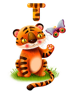 老虎设计素材像卡通老虎在白色背景上 和蝴蝶玩插图孩子乐趣动物毛皮丛林荒野哺乳动物卡通片横幅背景