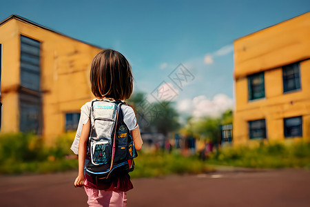 黄色小背包在阳光明媚的夏日 带着背包看着校舍的小女孩回来面对学校建筑 神经网络产生了形象人工智能童年插图教育学习艺术学生孩子书包瞳孔背景