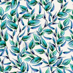 夏天水彩蓝叶和绿叶 绿叶水彩色纹理图案背景