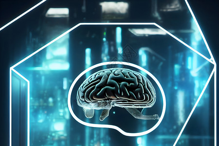 人脑素材青色照明服务器机房内透明多边形容器中的人脑 神经网络生成艺术背景