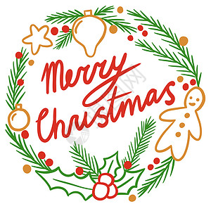 手绘花环装饰圆形圆圈画图 以欢乐的圣诞花环表示节日问候 绿色fir树枝背景