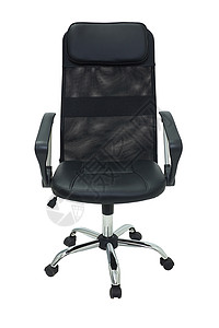 白色背景 前视图上孤立的车轮上的黑办公室黑色织物椅扶手椅弯头椅子商业活动轮子家具文员手臂皮革背景图片