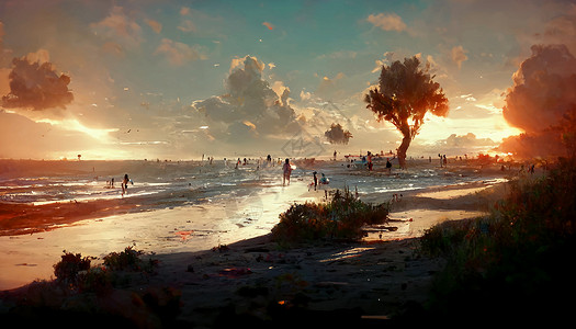 海滩日落环境生化插图电影艺术品墙纸背景图片