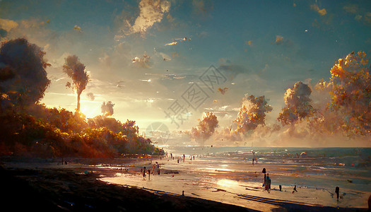 海滩日落环境生化插图艺术品墙纸电影背景图片