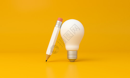 黄色的灯黄色背景的灯泡和铅笔 创意概念背景