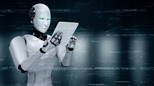 量子加密未来的机器人人造人工智能humiroid 土木素AI编程编码程序员编程技术货币量子代码手臂数据机器电脑背景
