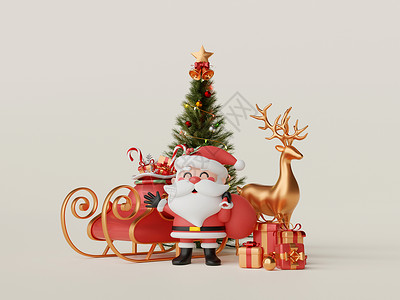 圣诞老人和雪橇圣誕老人的圣诞旗帜 圣诞树 礼品盒和驯鹿 3d插图背景