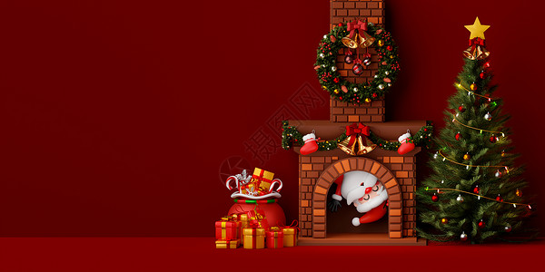 壁炉元素圣诞树和礼物盒装饰的房间壁炉中的圣诞老人 3D插图背景
