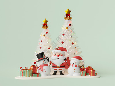 圣诞节主题促销海报圣诞老人和雪人的圣诞主题横幅与圣诞树和礼品盒 3d 插图海报销售卡片展示金子派对花圈庆典装饰品盒子背景