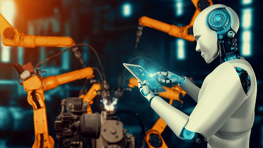 应用工程师Cybernated 工业机器人和机械臂 用于工厂生产中的组装转型商业自动化生产线电子人技术互联网创新机器手臂背景