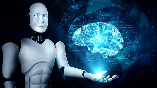 人工智能大脑拥有虚拟全息图屏幕显示 AI 大脑概念的 AI 类分子机器人背景