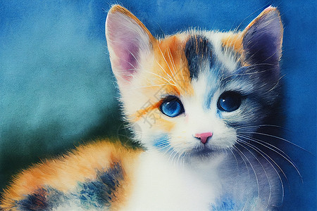3D猫数码艺术绘画 水彩动物小猫打印猫咪圆圈插图草图毛皮孩子女孩蓝色图片