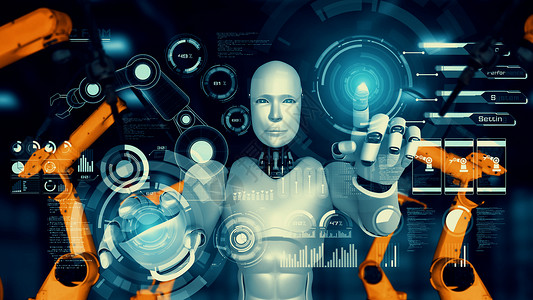 人工智能行业技术峰会Cybernated 工业机器人和机械臂 用于工厂生产中的组装机器电子人工程自动化工程师现实男人技术人工智能制造业背景