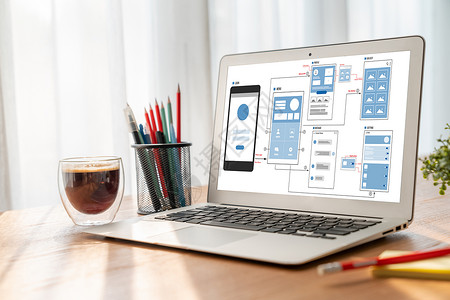 电脑线框现代移动应用程序和网站 UX UX UUI设计流程职场桌子人士网络男人电脑展示建筑学电话品牌背景