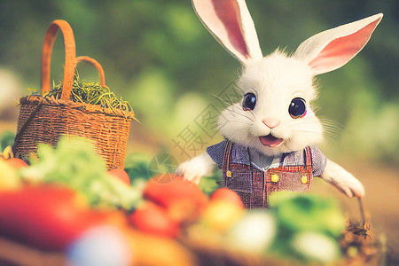 兔子3D三维化成可爱的小兔子农民 穿着内衣 在花园装满蔬菜蛋和东边鸡蛋卡通片卡片庆典耳朵哺乳动物草地宠物场地艺术工作服背景