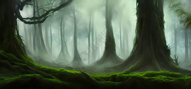 依靠着大树幻想的迷雾森林 大树覆盖着草木 用于绘画的数码艺术绘画 背壁纸 概念艺术背景