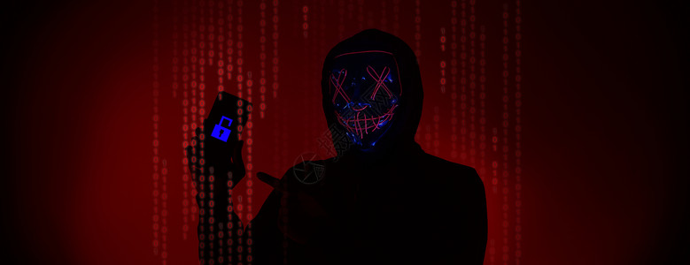 人脸面具数字安全概念 隐形黑客戴着智能手机面具的匿名黑客机密人脸网络人士商务数据资料扫描手指个人背景