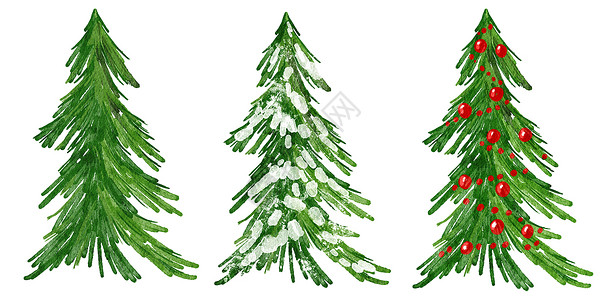 绿色手绘水彩树圣诞树的水彩手绘插图 冬季新年常绿冷杉松树云杉植物 12 月季节庆典设计 邀请卡的节日派对打印 隔离在白色背景风格森林艺术绘画卡背景