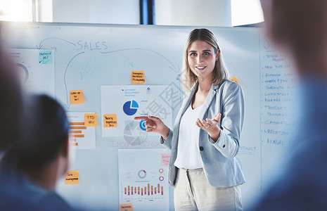 商务会议 车间规划和团队领导导师的白板上的销售女性 营销和财务演示 经理演讲者谈话 培训和致力于愿景战略理念背景