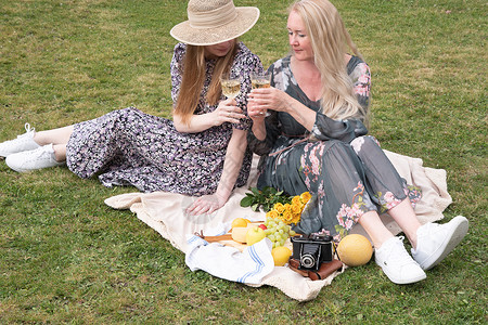 2名身穿长夏裙的年轻女子 正在野餐中休息 草地上食物小猫假期生活方式短发公园幸福女孩晴天篮子背景