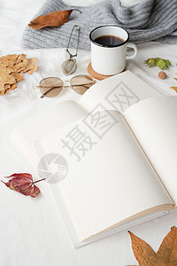白白空白书 有秋叶和茶杯 在旧桌上 模型设计教科书情绪小样图书窗户假期知识文学学校树叶背景图片