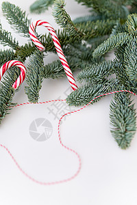 用拐杖糖和红线装饰的 nobilis 圣诞树 为 2023-2024 年圣诞节和新年做准备 题词的地方背景图片