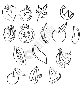 食品水果图标一组简单的水果轮廓 素食健康食品 菜单插图的食物素描背景