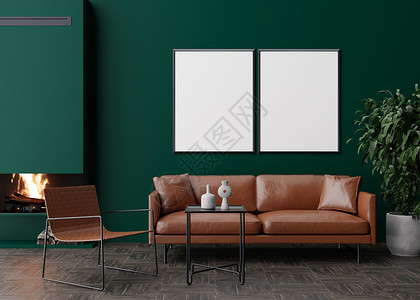绿色植被图相框现代客厅深绿色墙上的两个空垂直相框 模拟现代风格的室内装饰 图片 海报的自由空间 沙发 扶手椅 壁炉 植物 3D 渲染背景