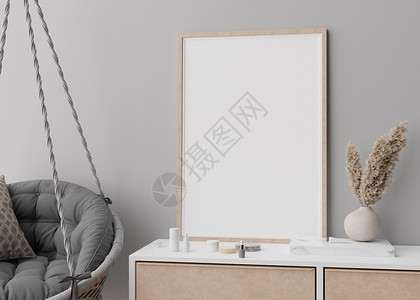 白色建党节海报空的垂直相框站在现代房间的控制台上 模拟现代风格的室内装饰 免费 复制图片空间 花瓶中的蒲苇 悬挂的扶手椅 3D 渲染背景