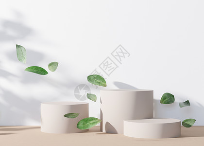 白色圆形讲台镶有树叶 在空中飞舞 白色背景 用于产品 化妆品展示的天然讲台 小样 美容产品的舞台 空旷的场景 3D 渲染背景图片