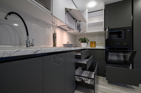黑色抽屉现代简便 潮时黑灰白色厨房龙头大理石公寓抽屉餐具柜台面器具房子装饰改造背景