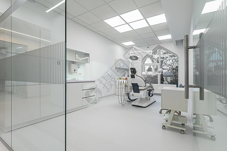 牙科医疗办公室 特别设备的内部内部内务齿轮口腔科家具诊所房间放大镜托盘考试内阁空气背景图片